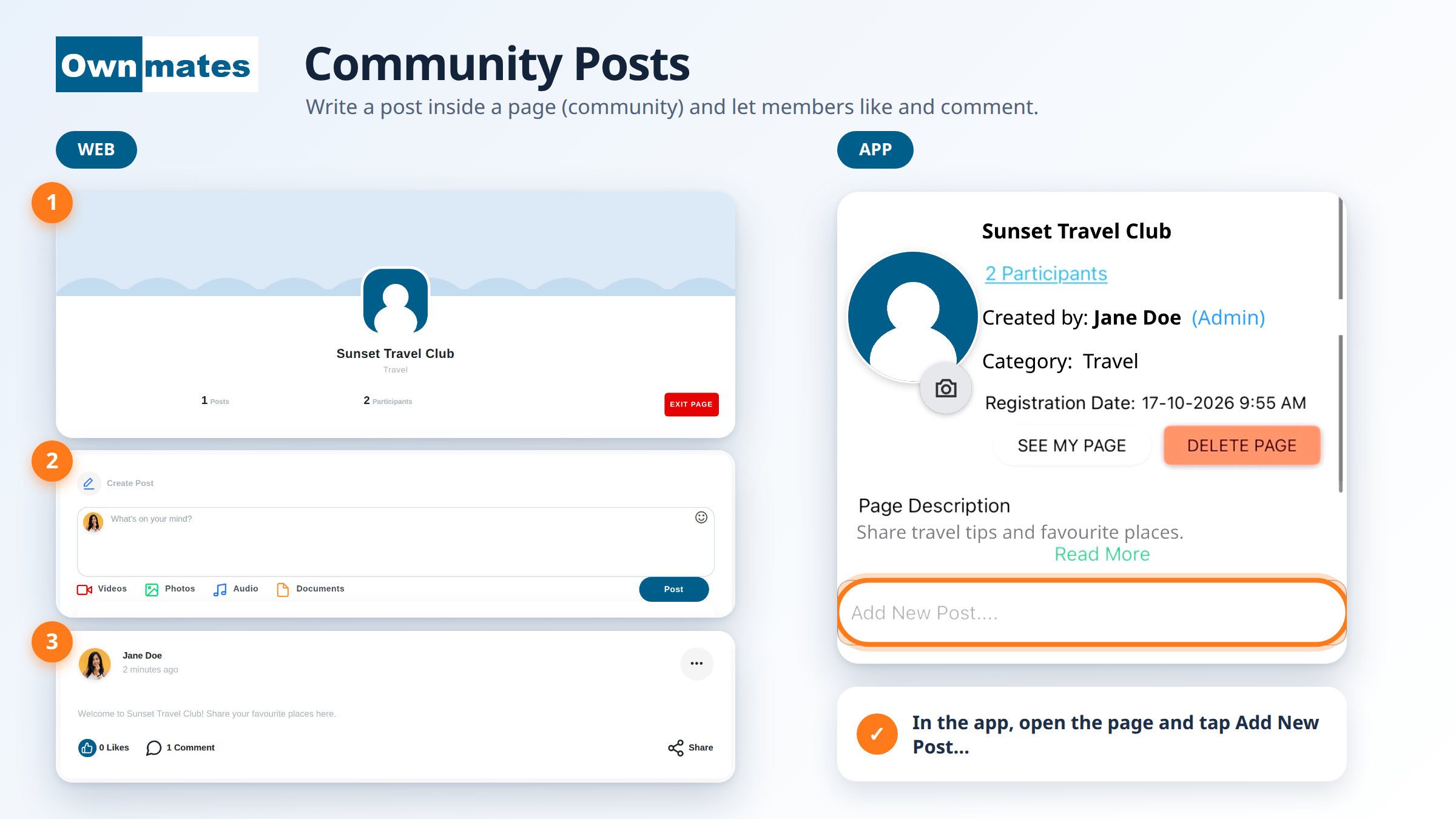 OwnMates Page with its Create Post box and a post on the website, and the Add New Post box on a Page in the app