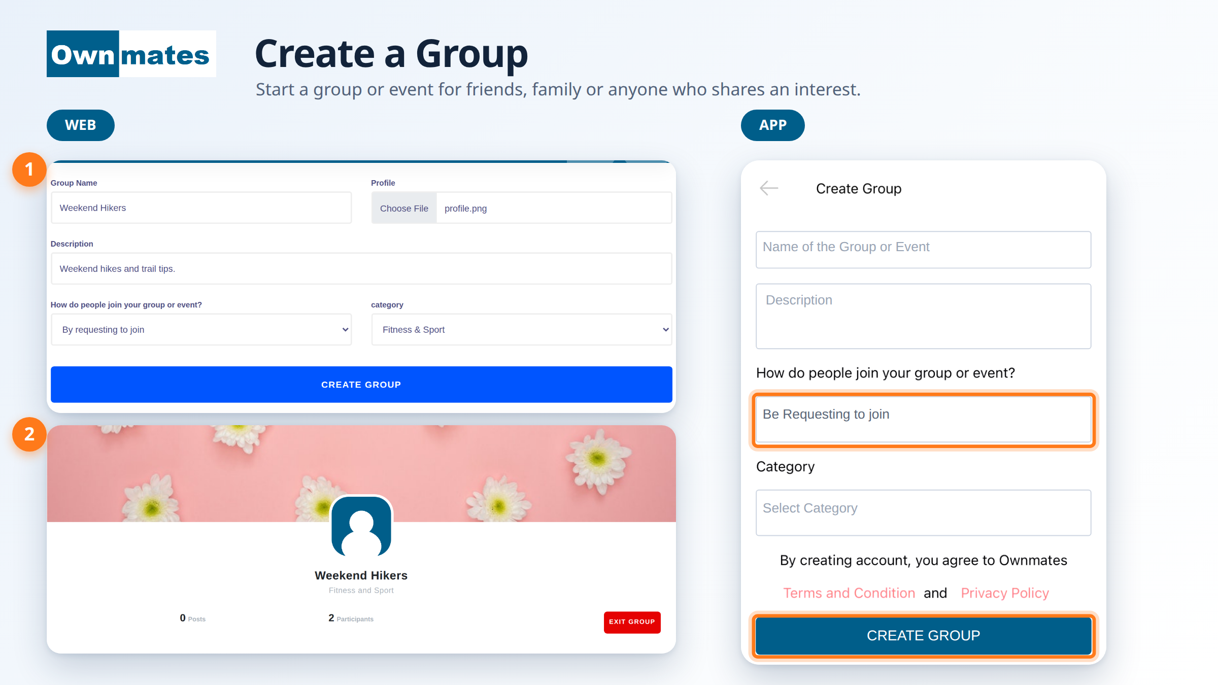 Create Group form on the OwnMates website, the new group page, and the Create Group screen in the app