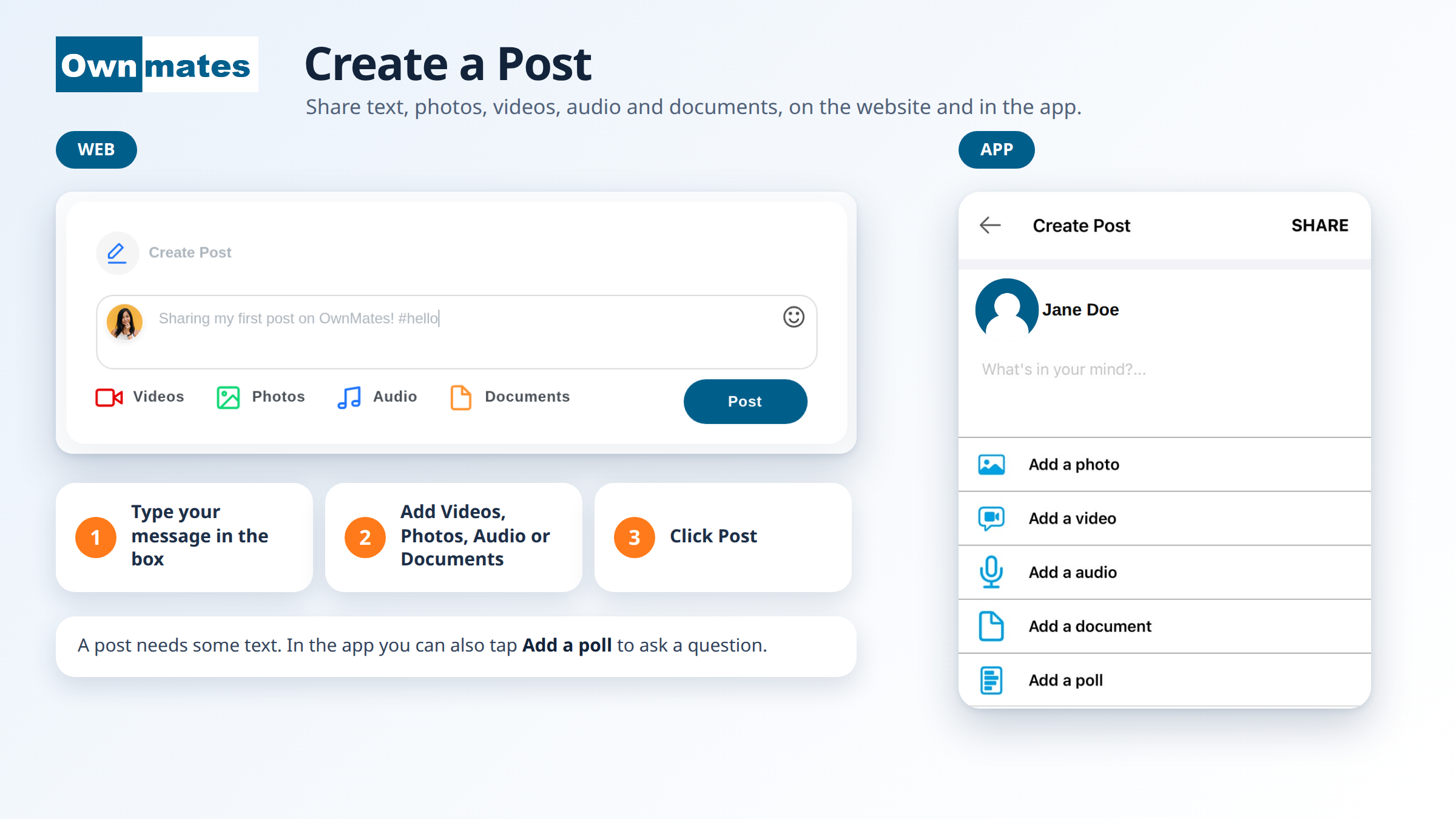 Create Post box on the OwnMates website next to the Create Post screen in the app