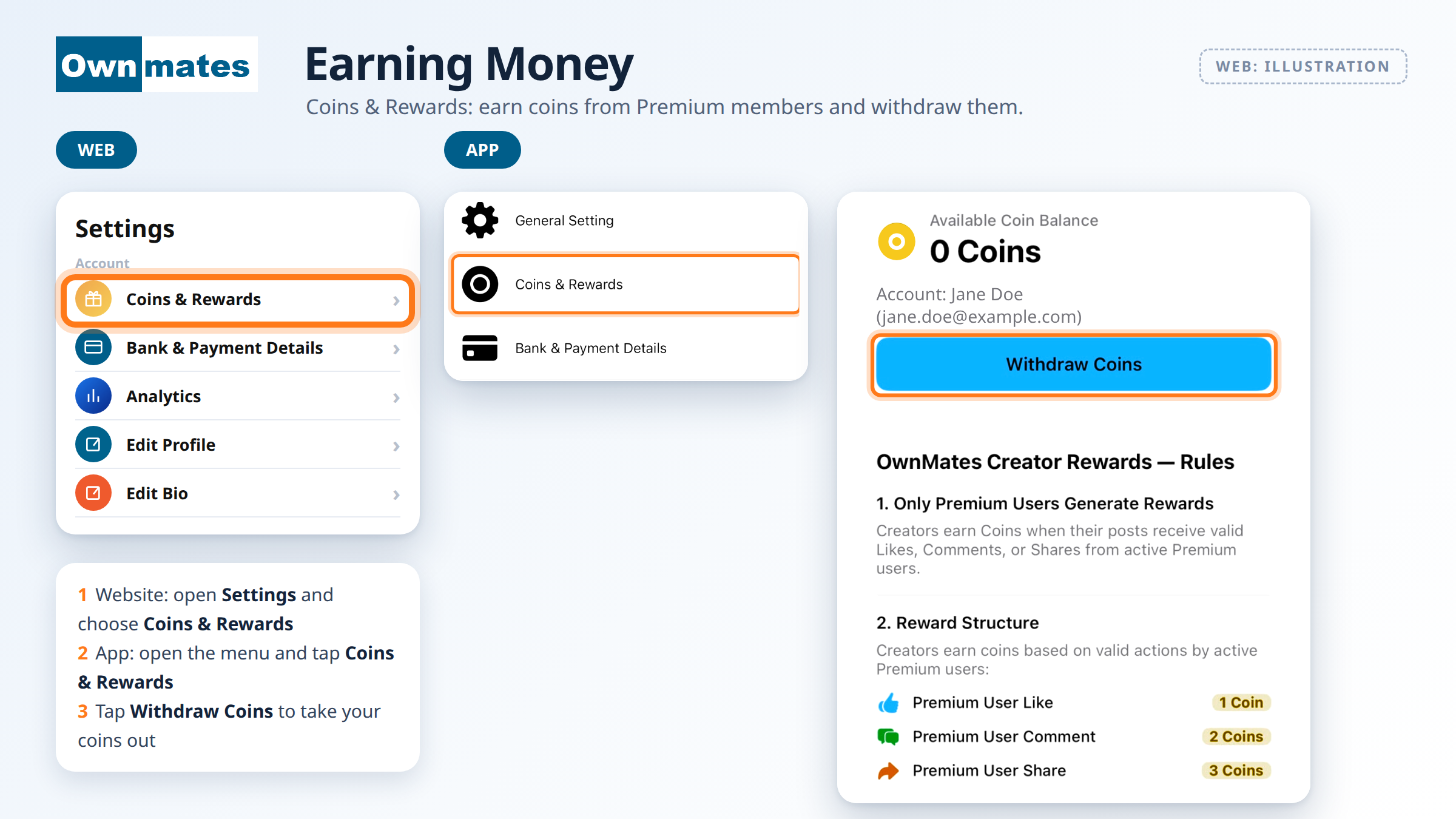 Coins & Rewards in the OwnMates Settings menu and in the app, with the coin balance and Withdraw Coins button