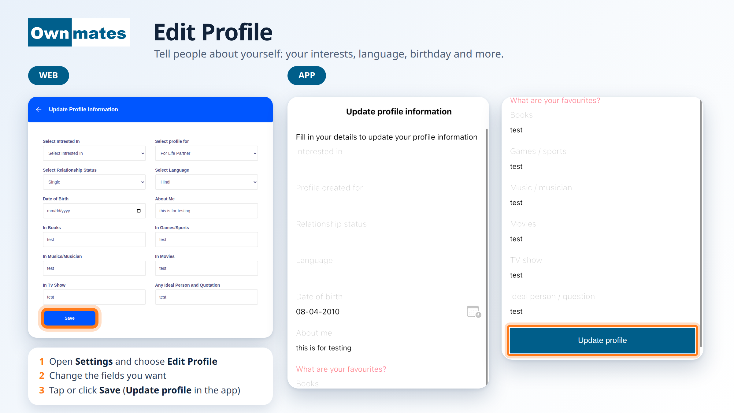 Update Profile Information form on the OwnMates website and the Update profile information screen in the app