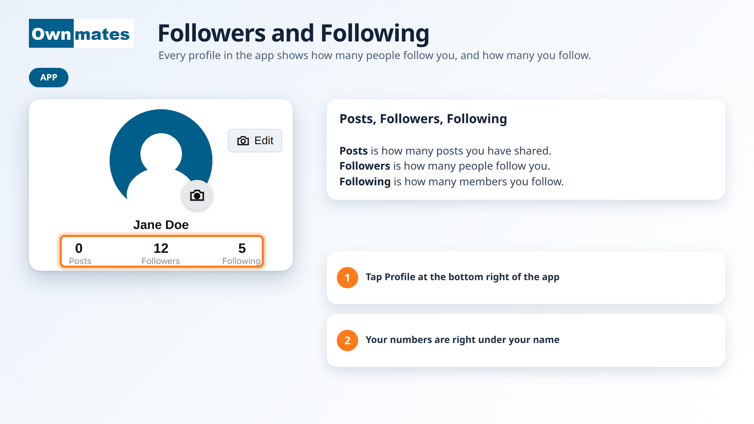 Posts, Followers and Following counts on a profile in the OwnMates app