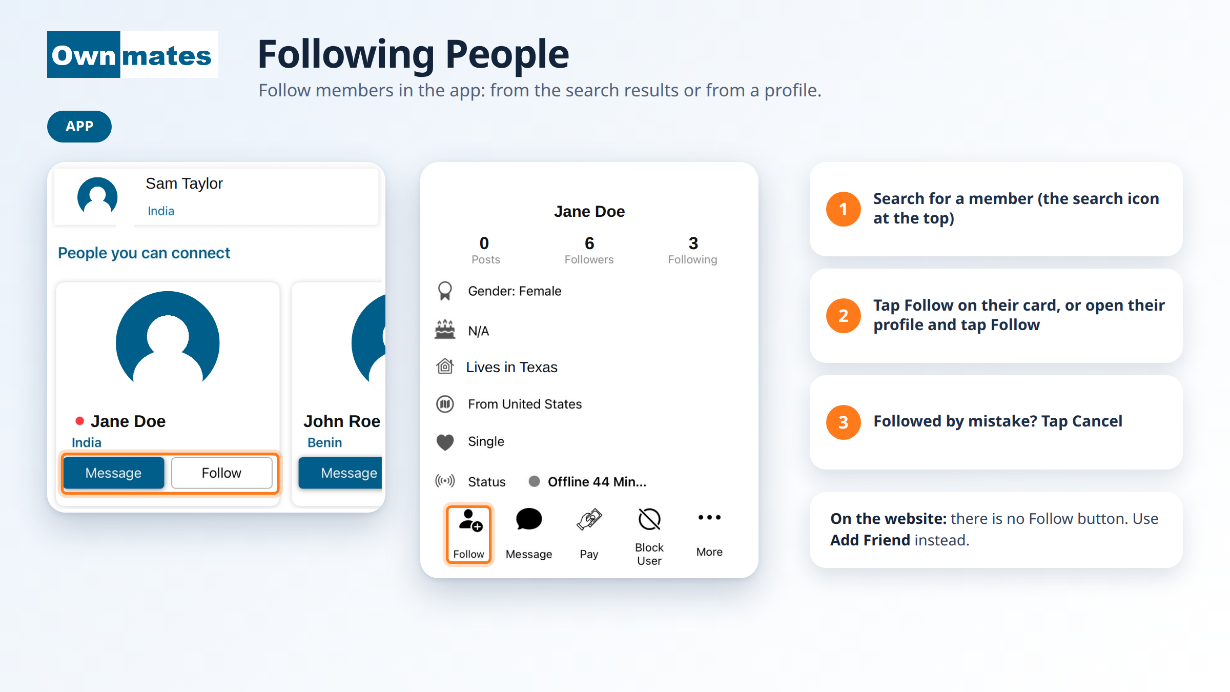 Follow button on a member’s card in OwnMates app search results and on their profile