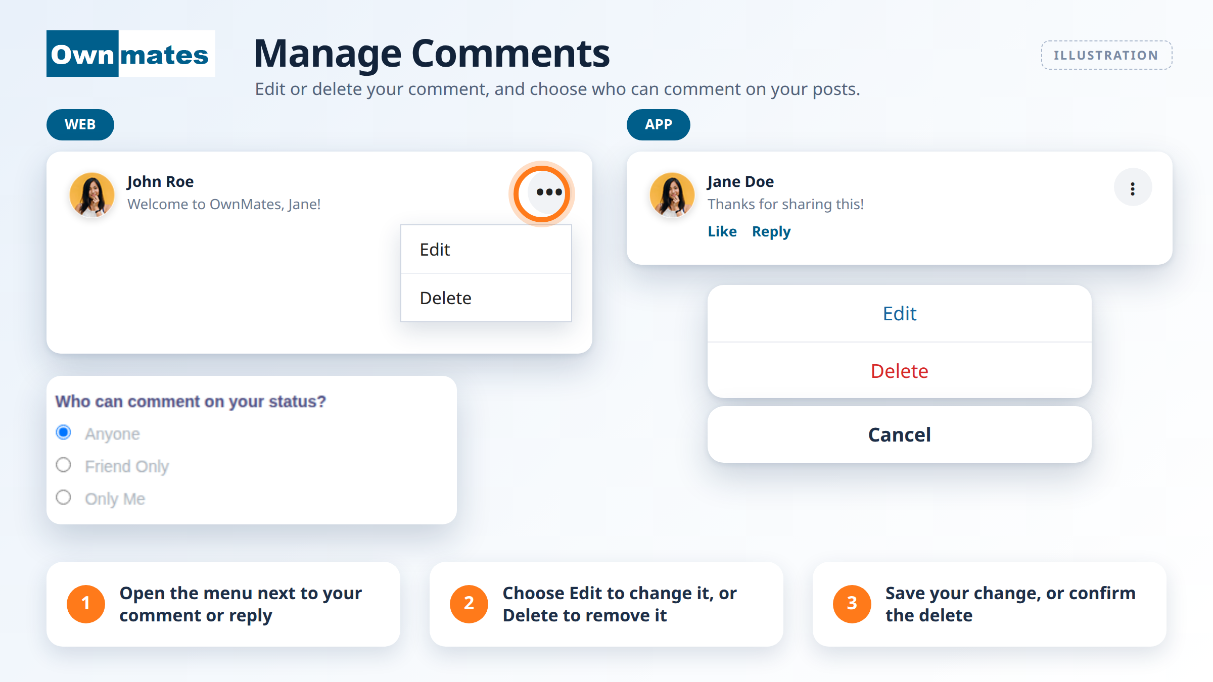 Illustration of the three-dot comment menu with Edit and Delete on the website and in the app