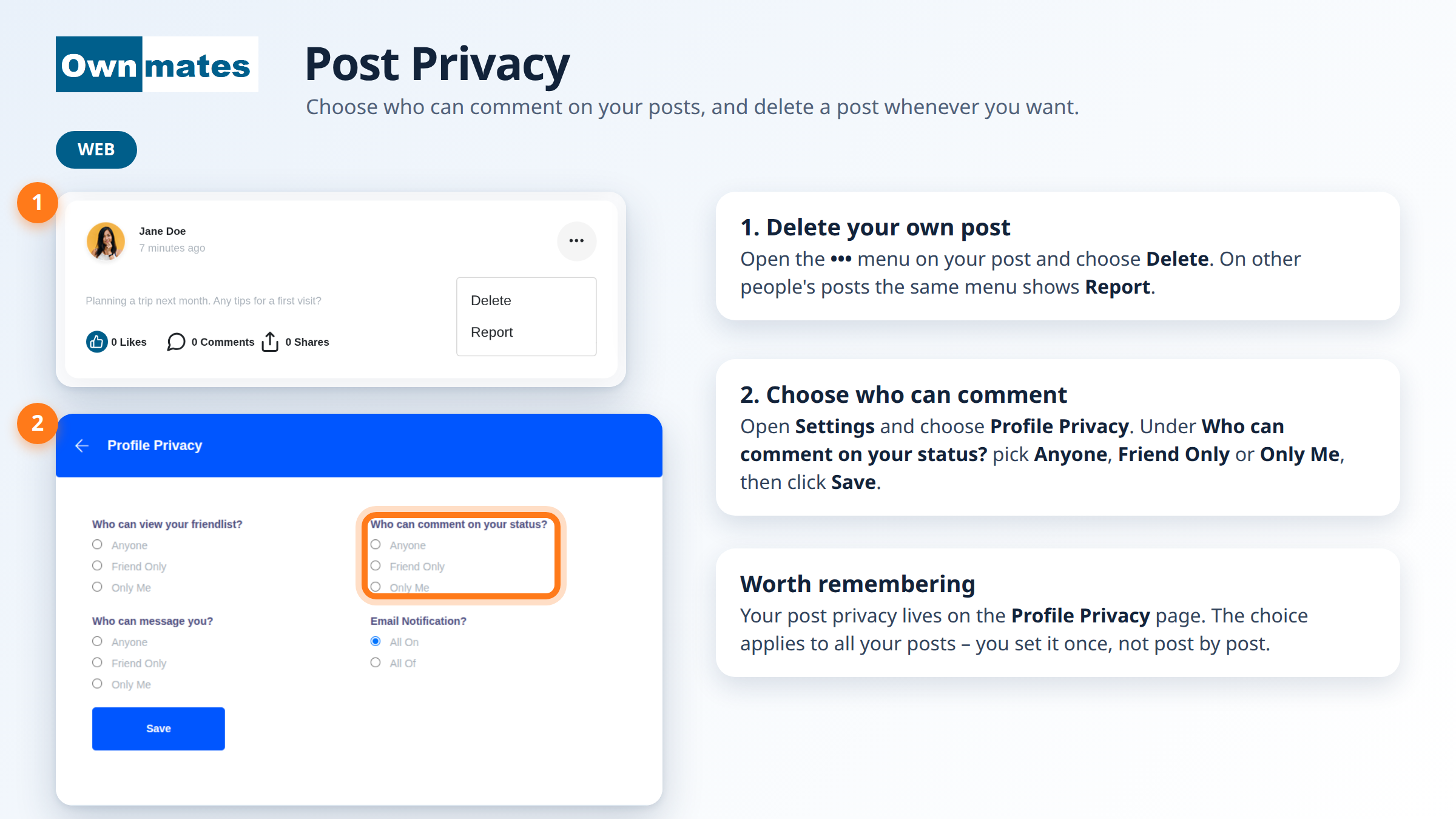OwnMates post with its three-dot menu open, next to the Who can comment on your status setting