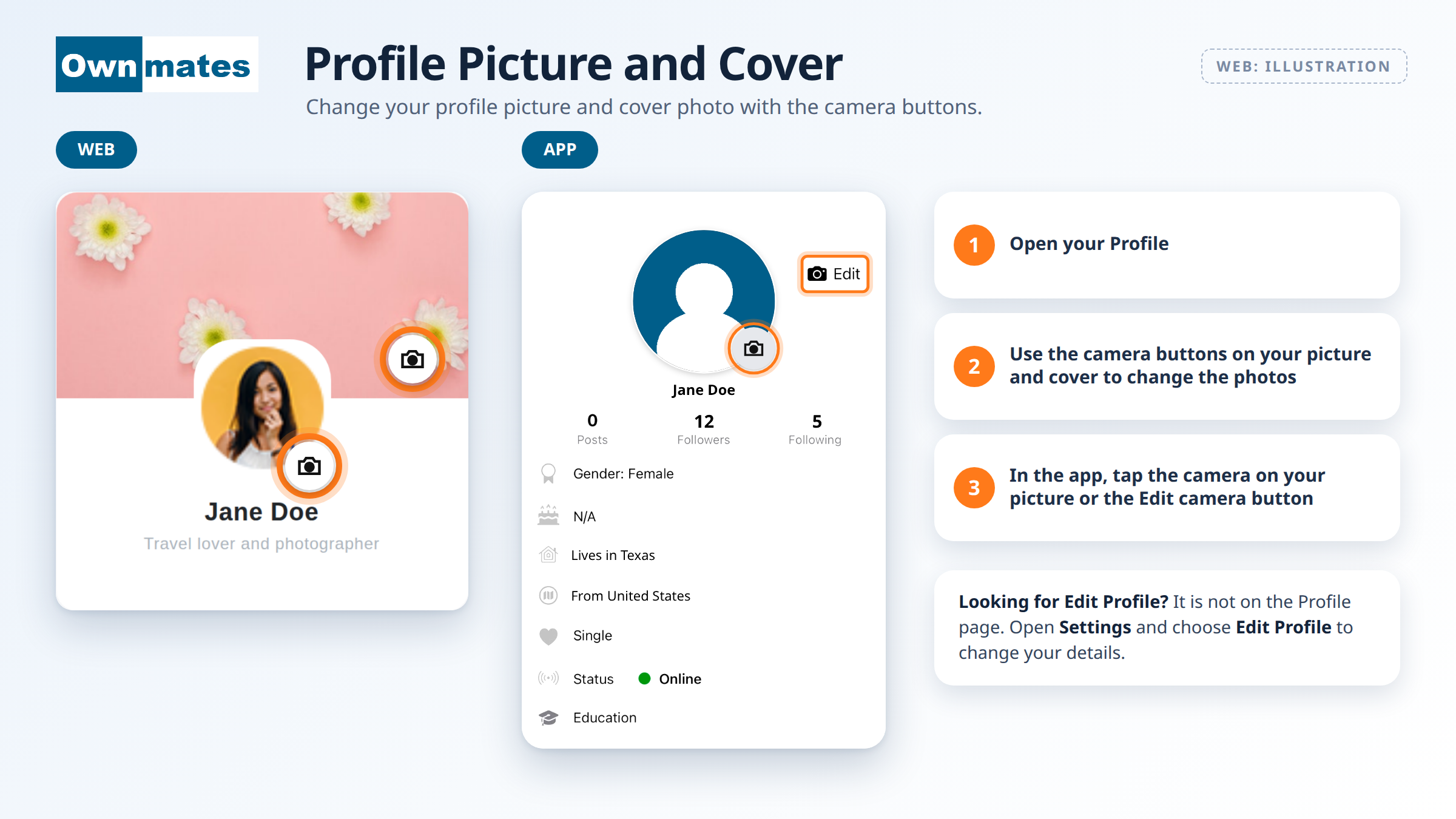 OwnMates profile on the website with its camera buttons, and the Profile screen in the app with the Edit camera button
