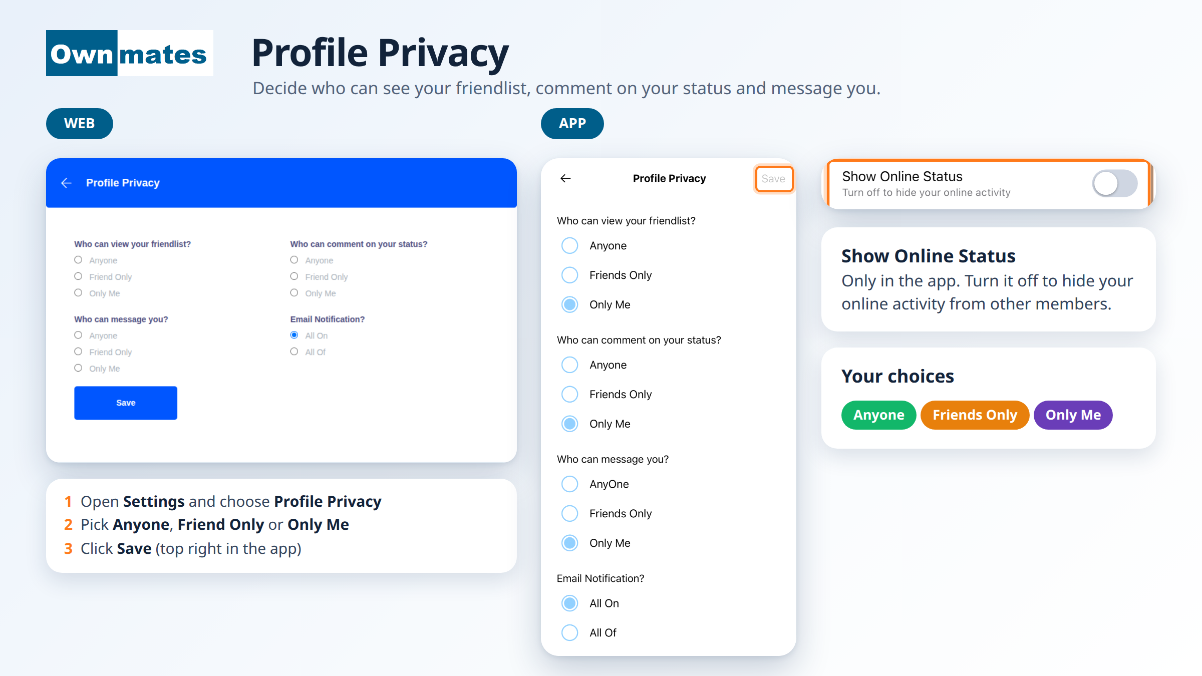 Profile Privacy on the OwnMates website and in the app, with Save and the app-only Show Online Status switch