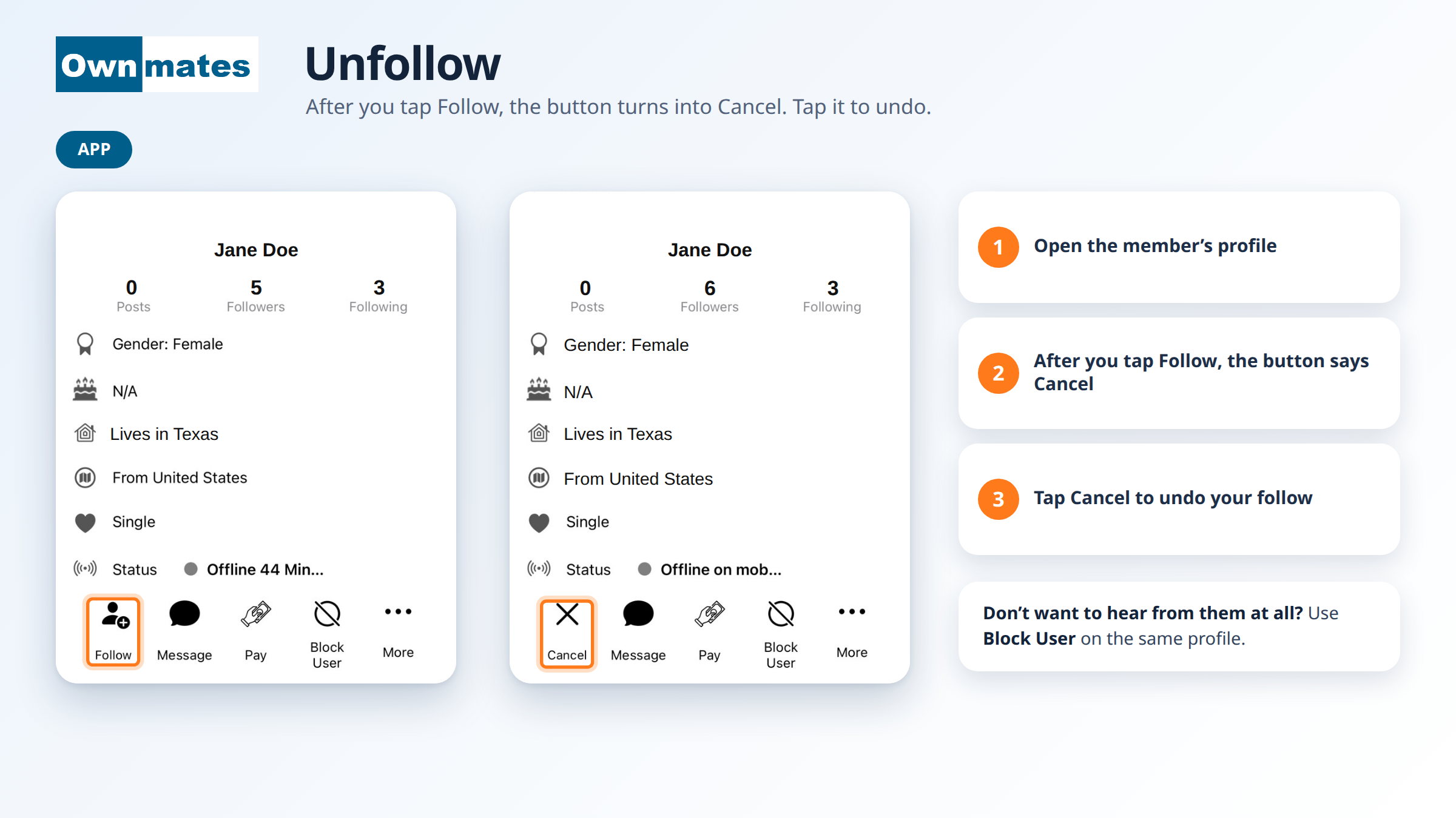 Follow button on an OwnMates app profile turning into a Cancel button after you follow