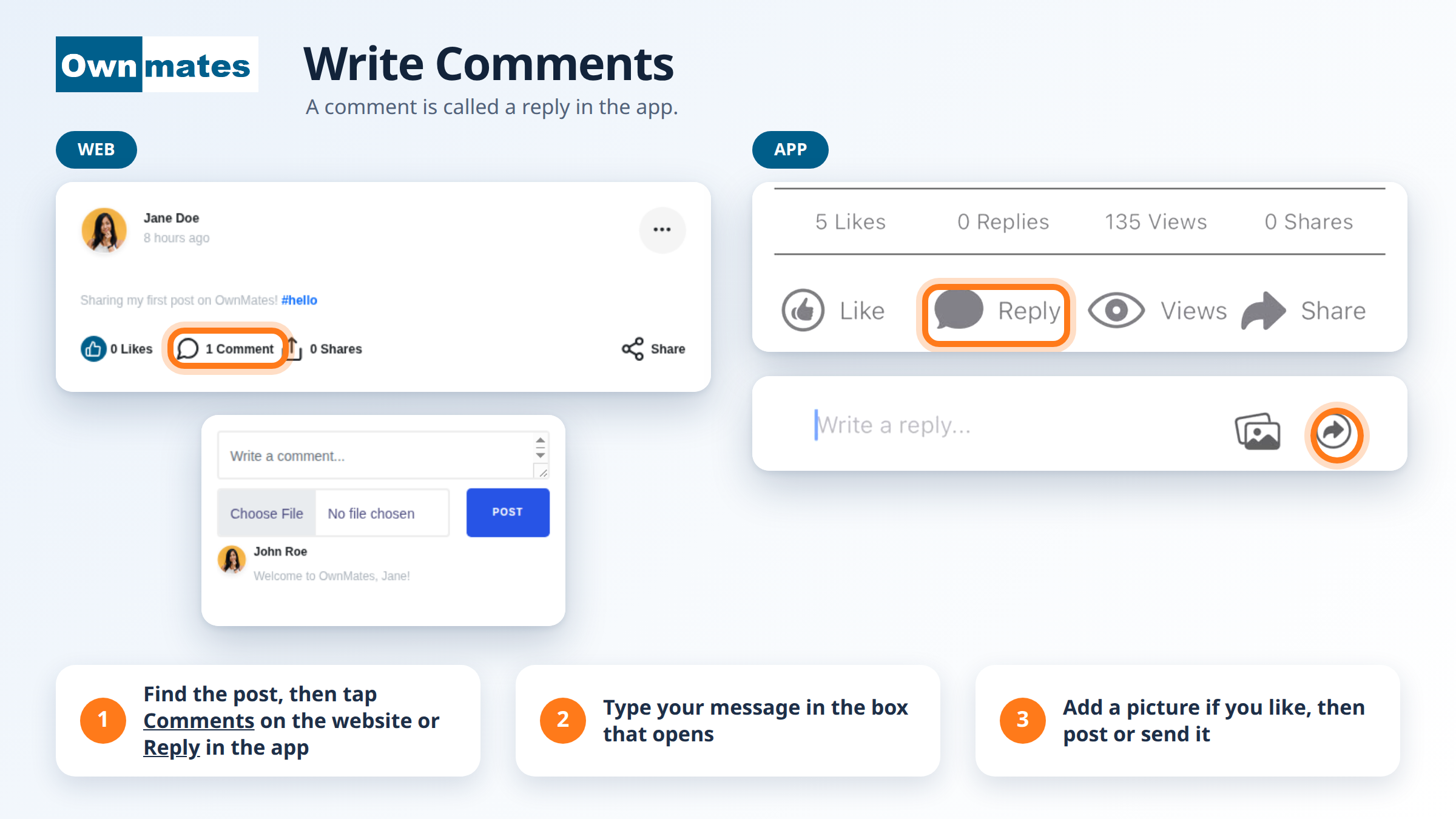 Comments button under a post on the OwnMates website and the Reply button under a post in the app