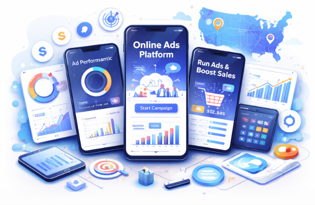 Promote mobile app in USA - Targeted ads for Android and iOS showing smartphone with growing downloads and American users