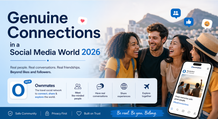 Genuine connections on social media 2026 – Ownmates, people chatting, world map, real friends