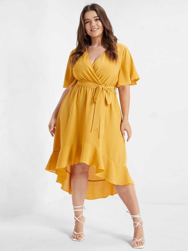 Bloom Dress - Solid Tie Surplice Ruffle High Low Dress
http:
