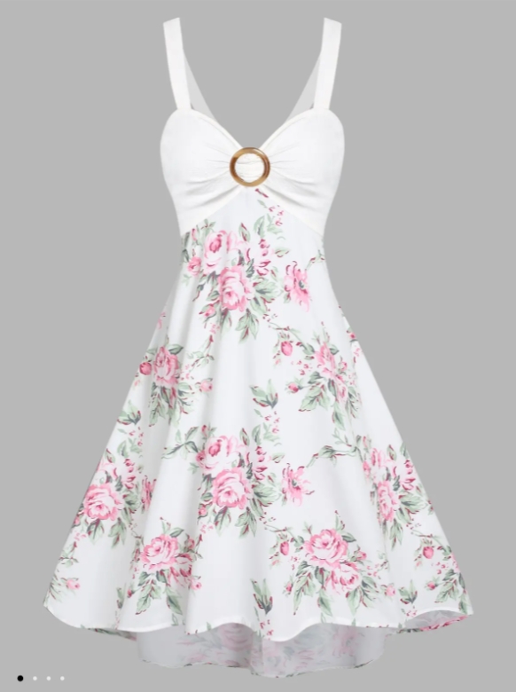 Flower Print Garden Party Dress O Ring Ruched Bust Cottageco