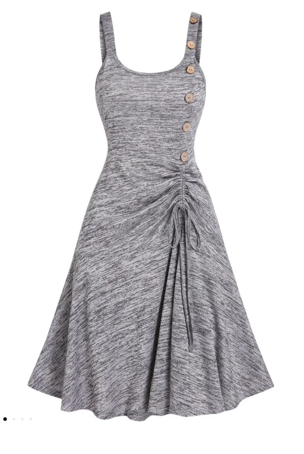Space Dye Print Midi Dress Mock Button Cinched Ruched Tie Up