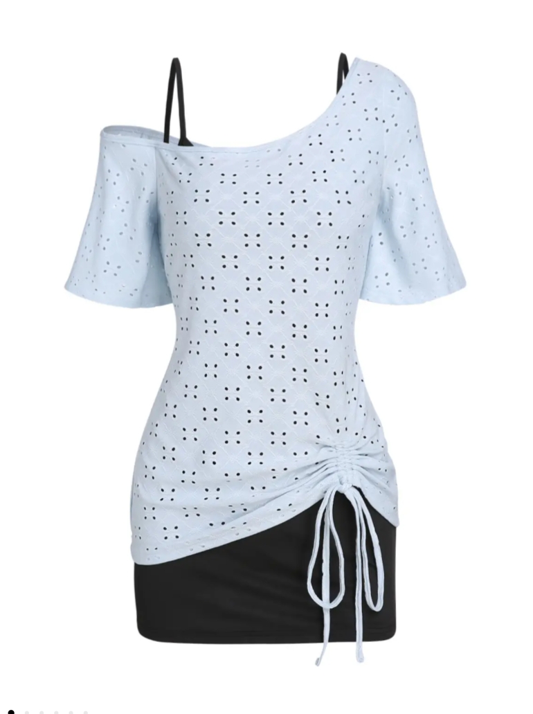 Summer Two Piece Set Skew Neck Floral Eyelet Short Sleeve T 