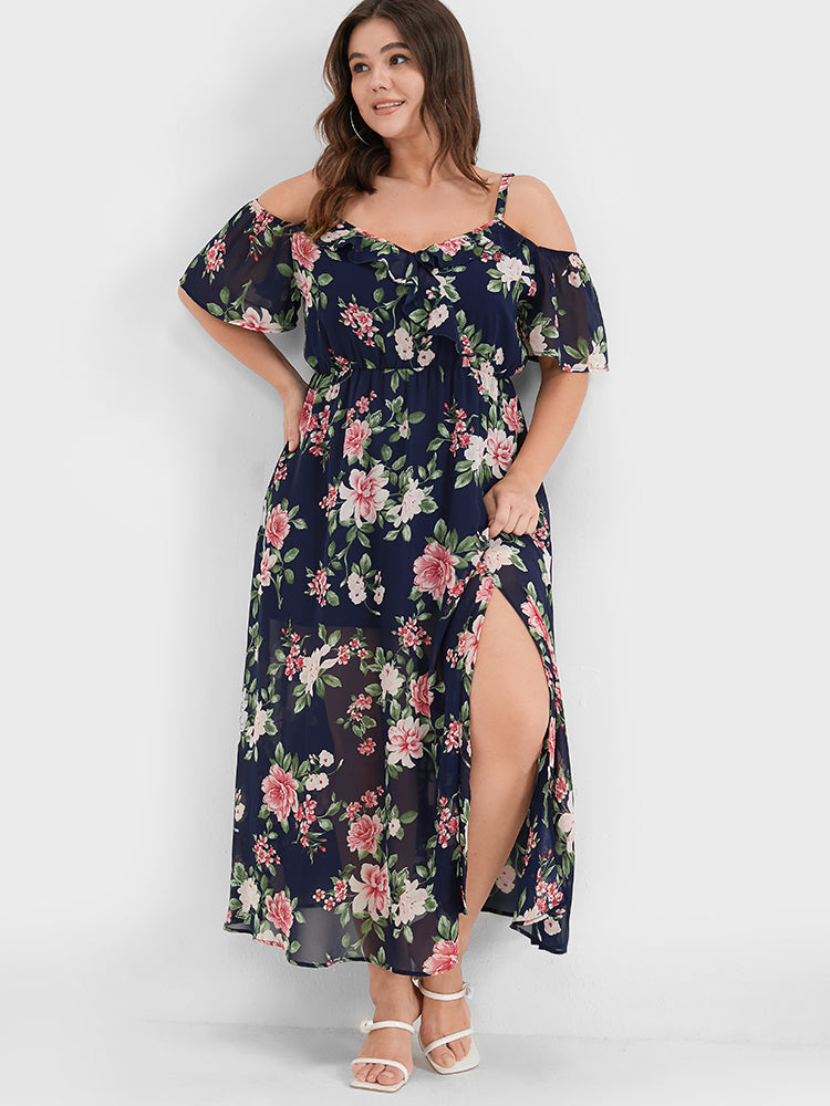 Bloom Dress - Floral Flutter Split Cold Shoulder Maxi Dress
