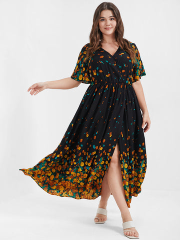 Bloom Dress - Floral Flutter Split Pocket V Neck Maxi Dress
