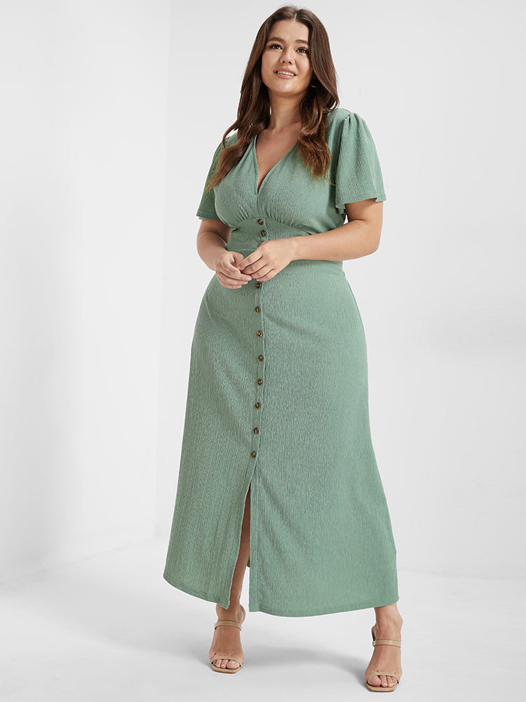 Bloom Dress - Solid V Neck Flutter Sleeve Button Maxi Dress
