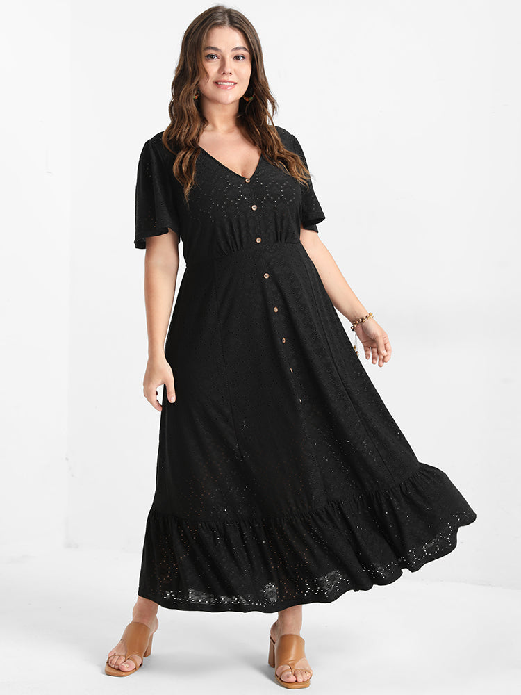 Solid Broderie Anglaise Button Split Ruffled Midi Dress
http