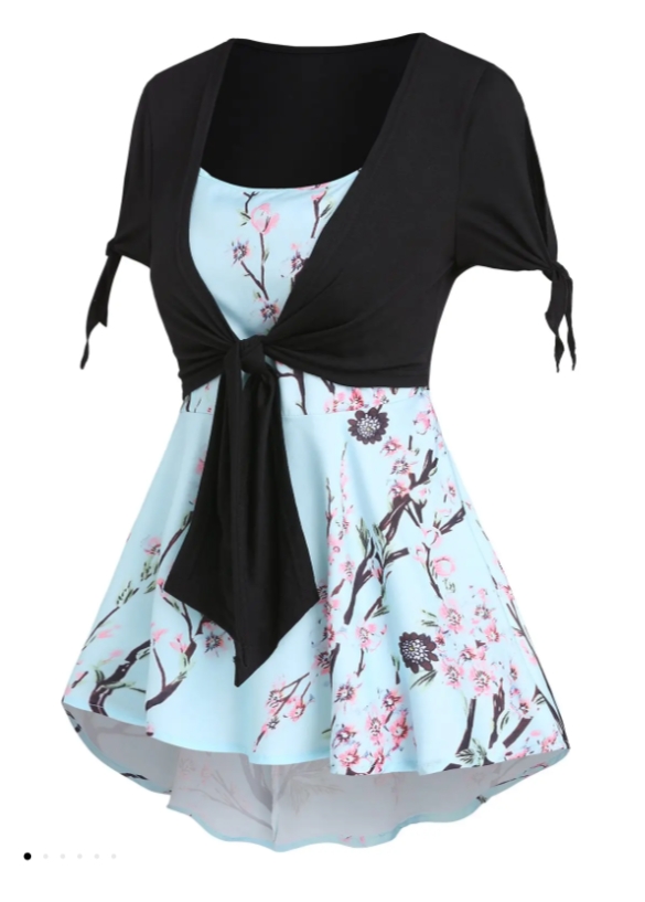 Casual Faux Twinset T Shirt Colorblock Peach Blossom Tree Pr