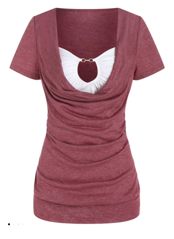 Colorblock T Shirt Cowl Neck Ruched Casual T-shirt Keyhole S