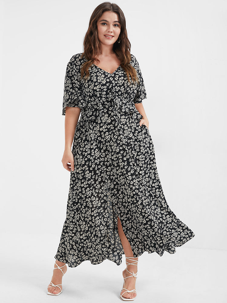 Bloom Dress - Ditsy Floral V Neck Ruffles Pocket Split Midi 