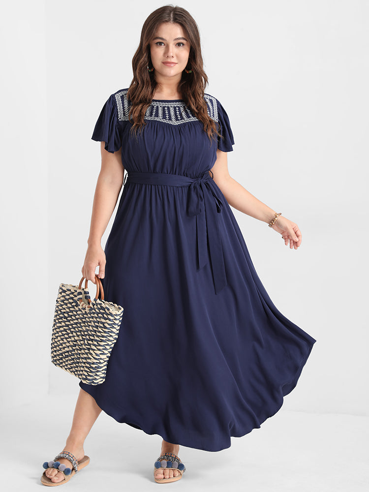 Bloom Dress - Solid Ruffles Embroidered Pocket Belted Maxi D