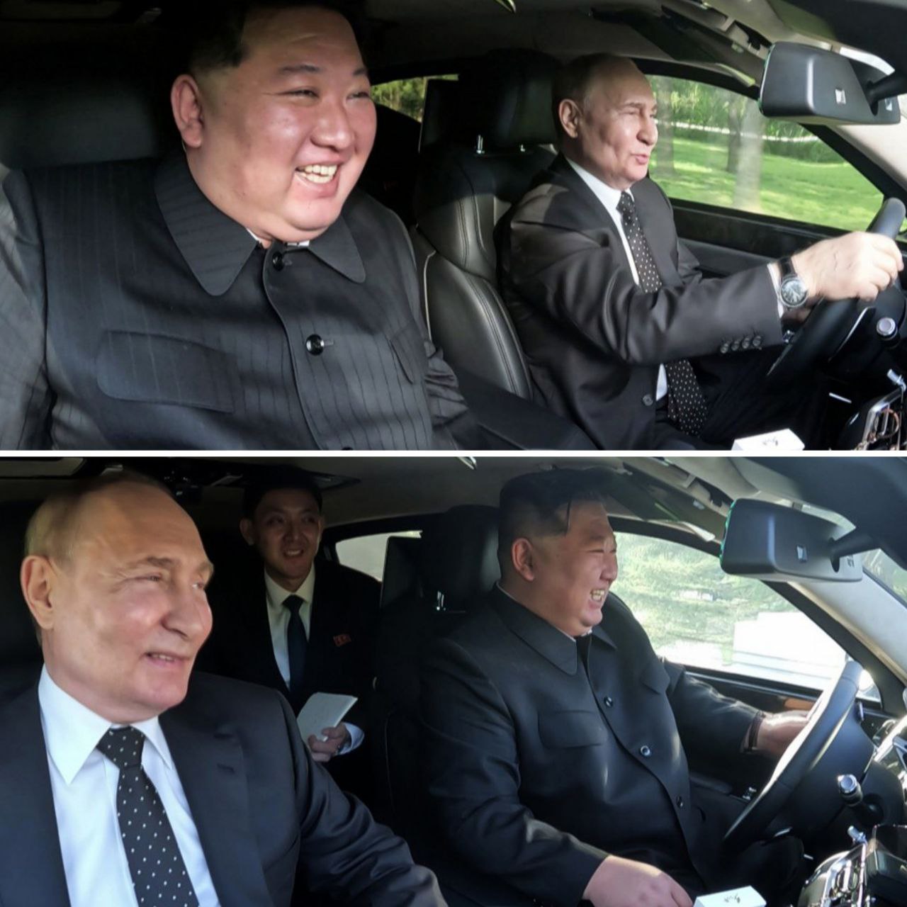 Putin and Kim Jong-Un are driving together in North Korea.
#
