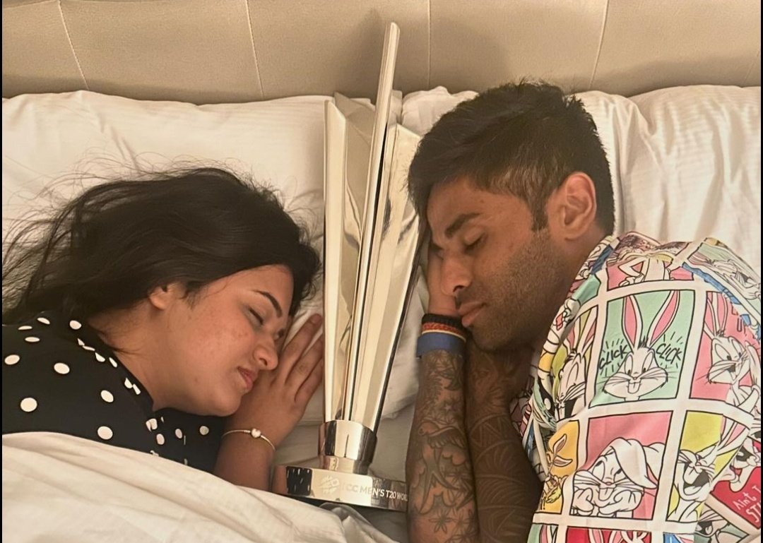 Surya Kumar Yadav with wife and T20 world cup trophy 🏆 share