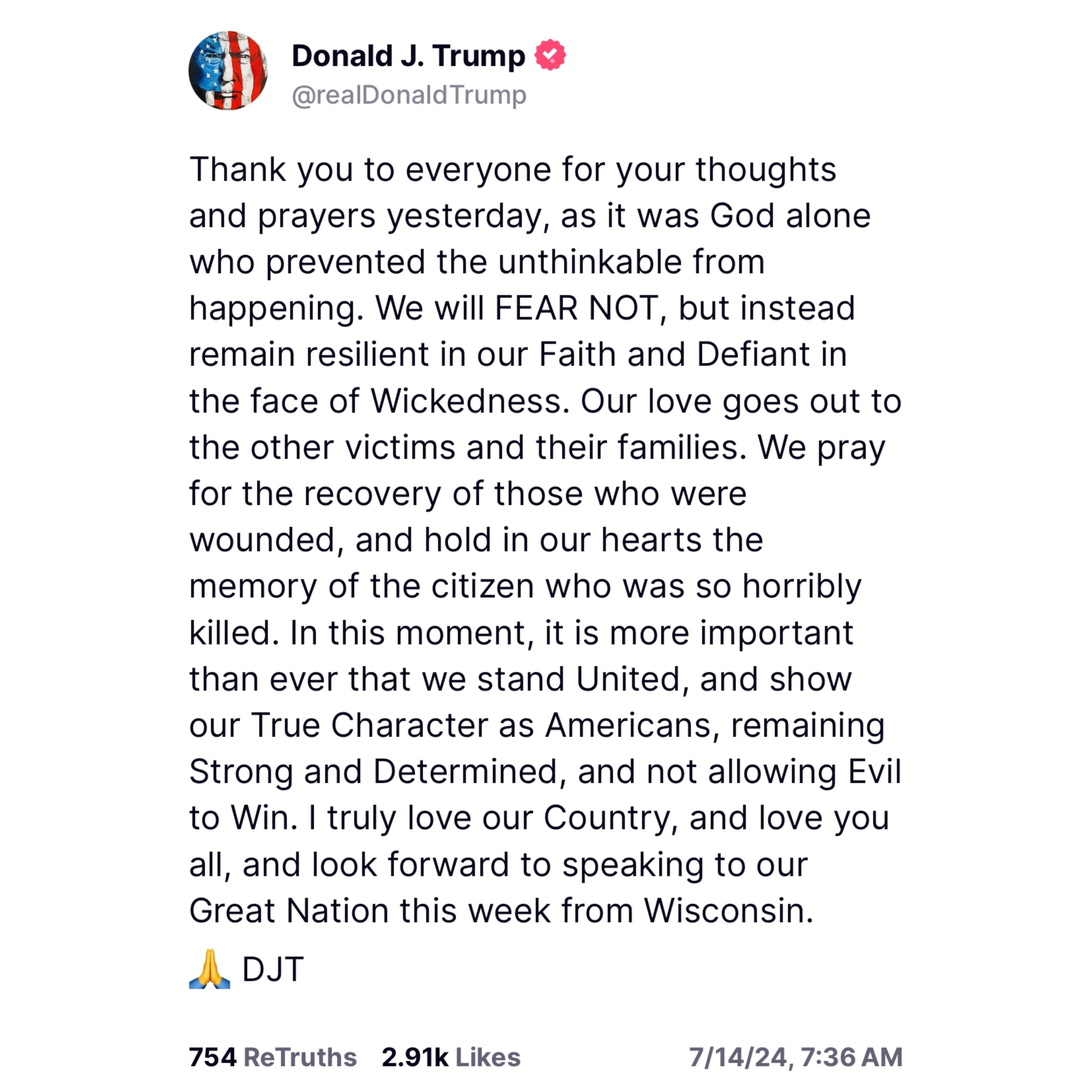 From Trump's post "I truly love our country" #Trump