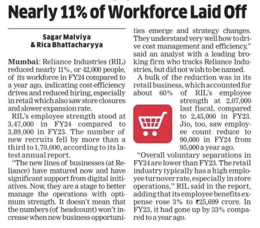 Reliance industry laid off 42000 employees... #Reliance #Lay