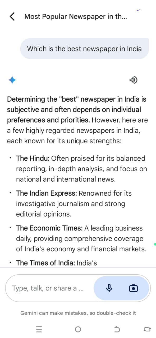 Gemini ai or bard ai replies 
"Which is the best newspaper i