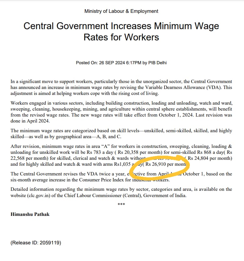 Minimum Wages for Workers!
₹26,910/month #government
