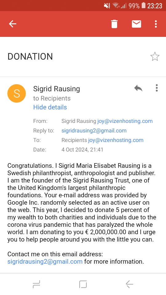 "scam"

Congratulations. I Sigrid Maria Elisabet Rausing is 