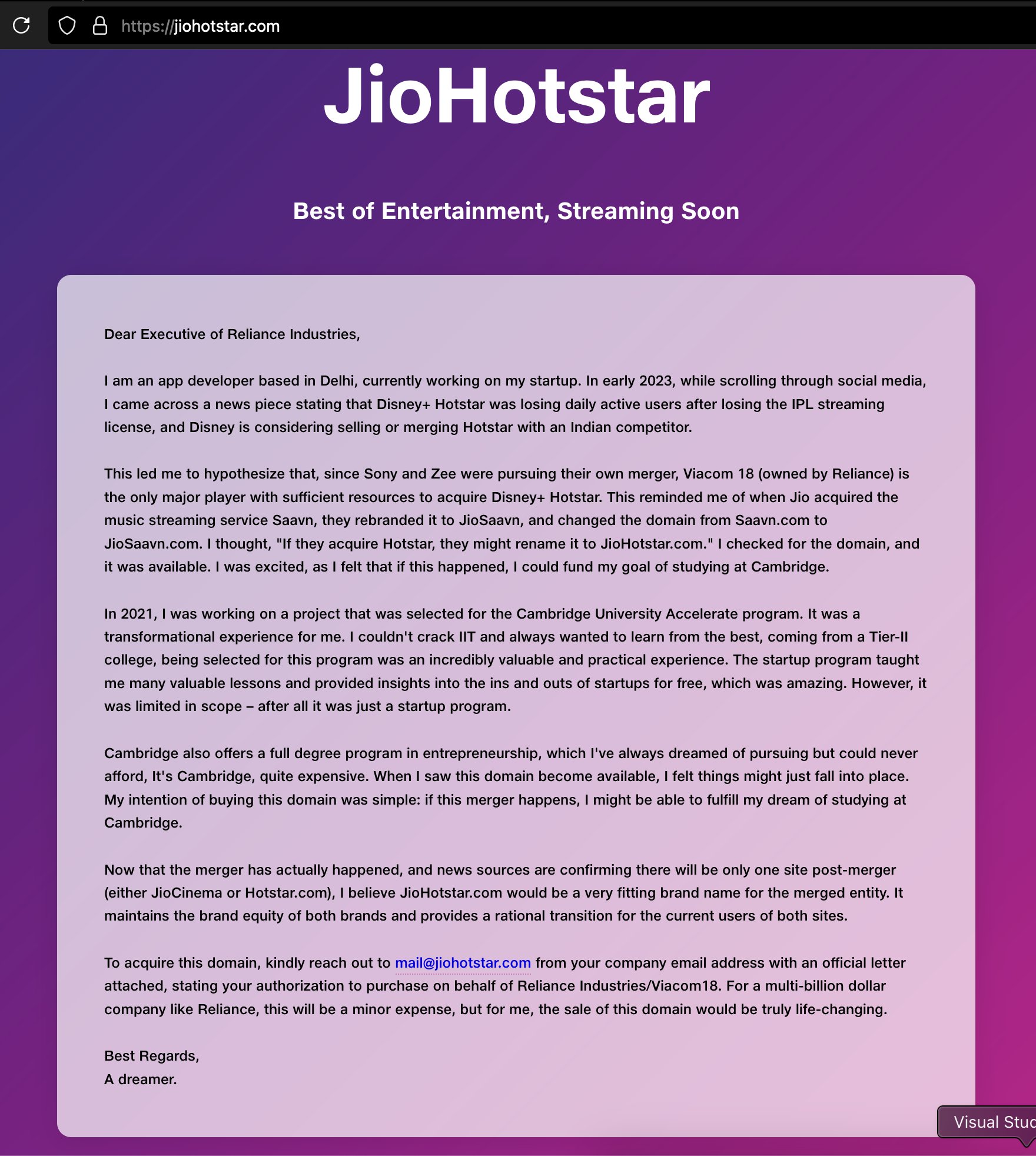 किसी ने JioHotstar.com डोमेन खरीदा Jio  Hotstar (विलय से पहल