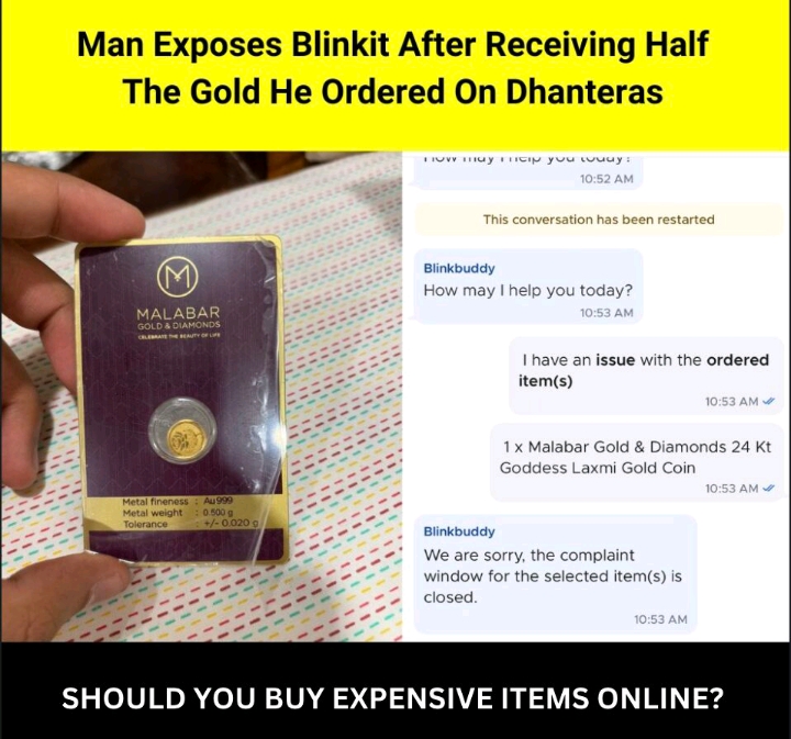 A man got scammed from #Blinkit, he ordered gold coin 1gm, b