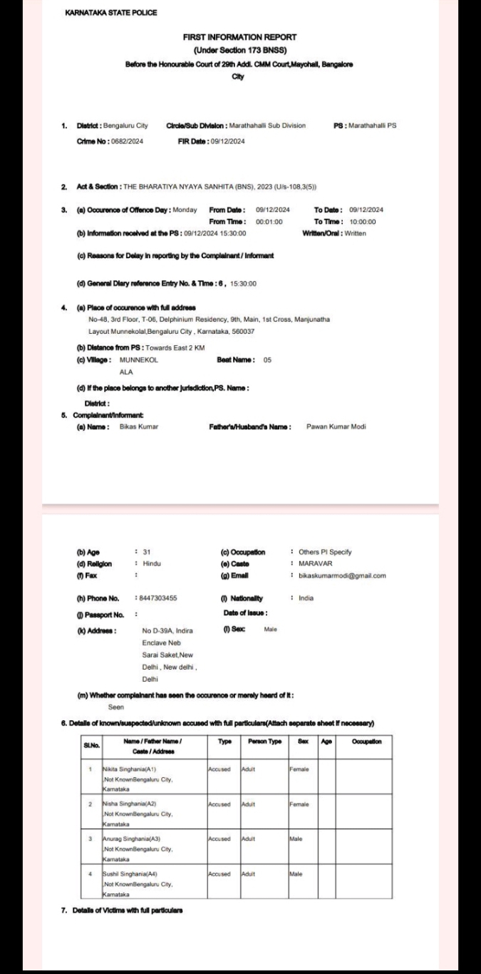 FIR against Nikita singhania and his family for Atul justice