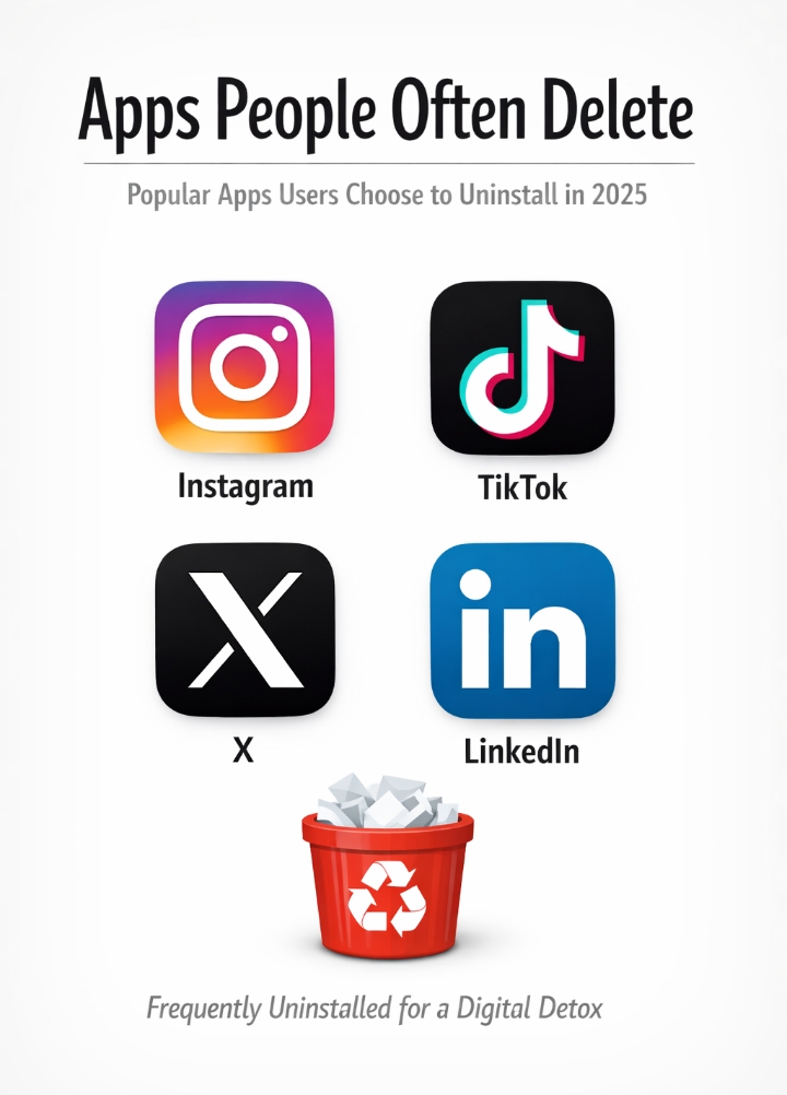 Popular apps often consciously deleted by users:
Instagram, 
