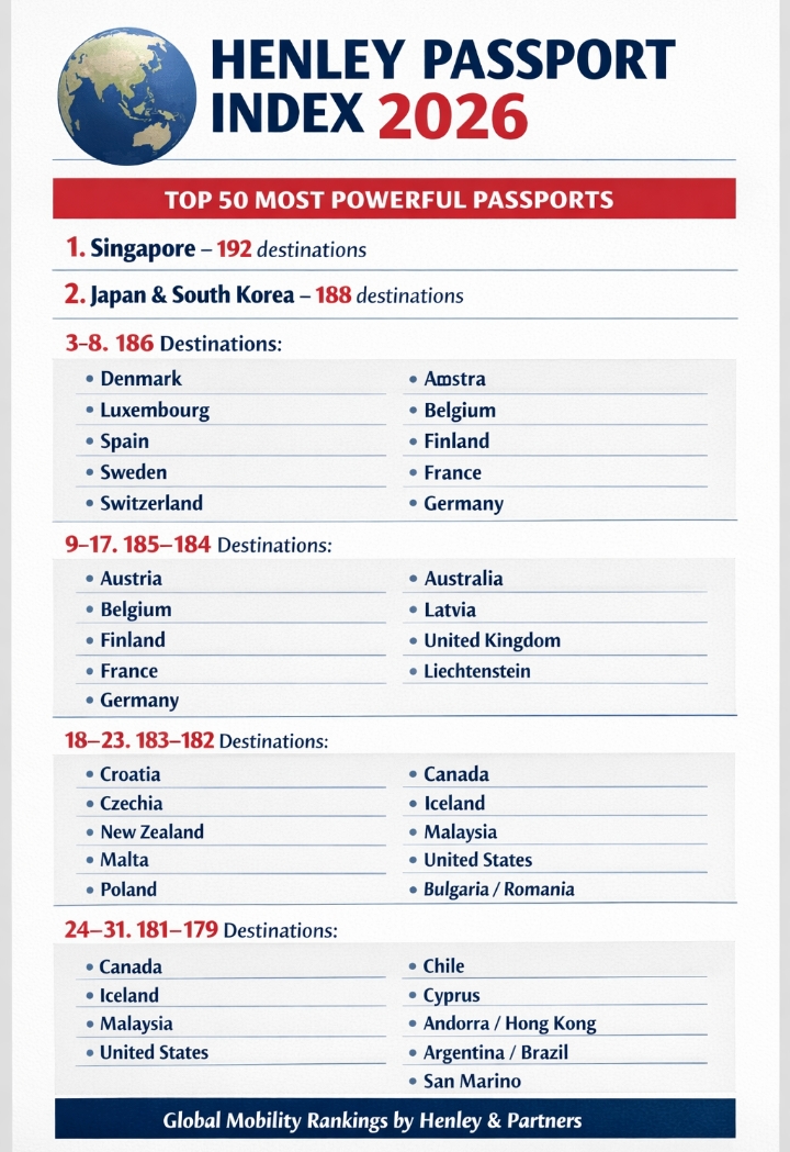 Top Passport Powers in 2026

Singapore – #1 with access to 1