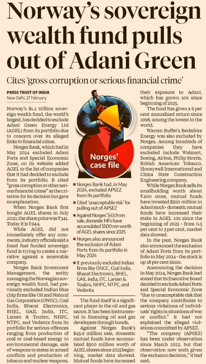 Norway’s big government fund stops investing in Adani Green 