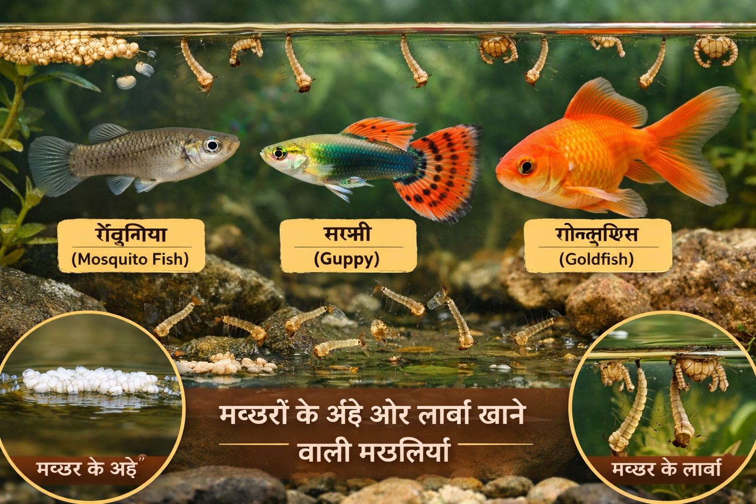 कुछ मछलियाँ मच्छरों के अंडे और लार्वा खाकर उनकी संख्या को कम