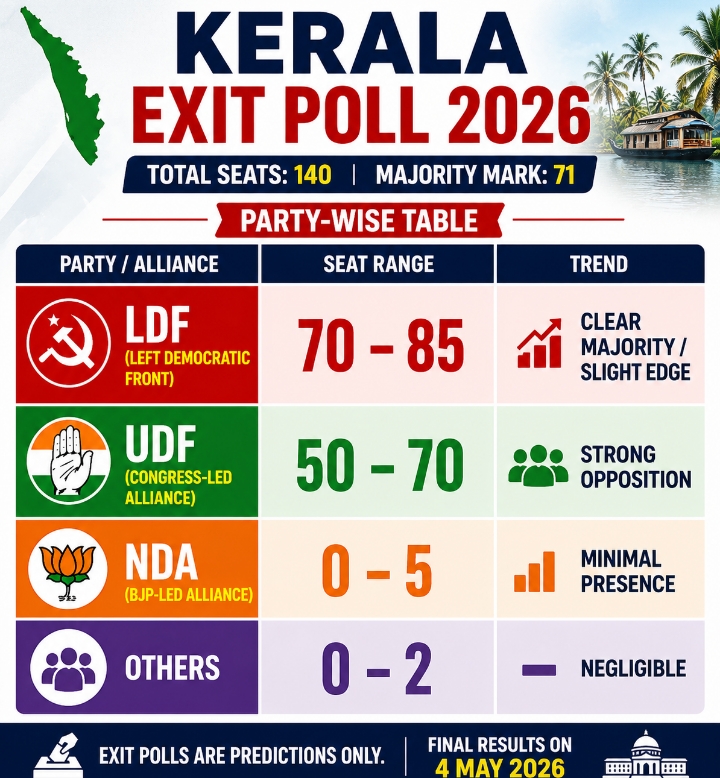 #Kerala #ExitPoll 2026
Total seats: 140
Majority mark: 71
Mo