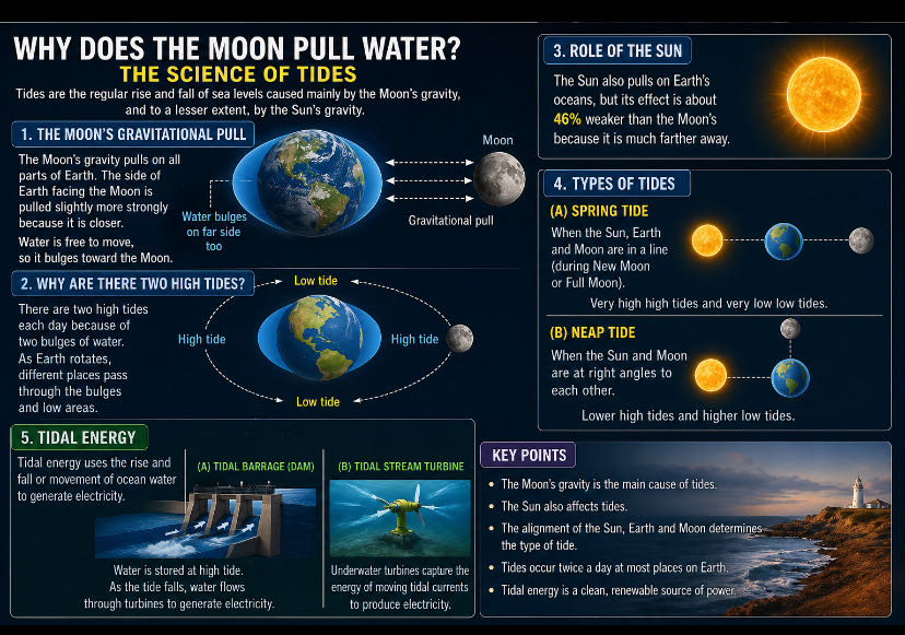 The Moon does not pull water “like a magnet.” It pulls every