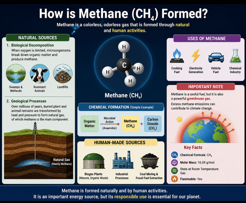 Methane (CH₄) एक गैस है जो प्राकृतिक और मानवीय दोनों प्रक्रि