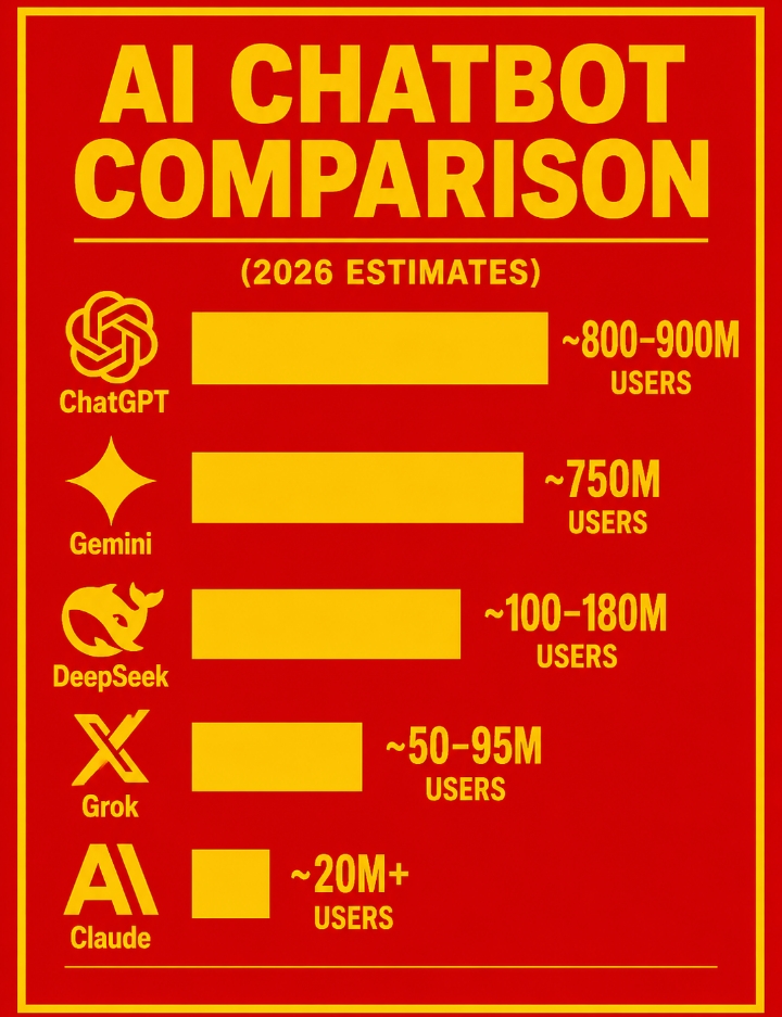 Approximate AI chatbot comparison (2026 estimates):
ChatGPT: