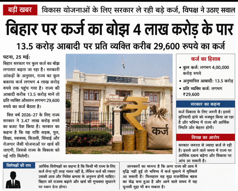 बिहार पर बढ़ता कर्ज

पटना: बिहार पर कुल कर्ज लगभग 4 लाख करोड