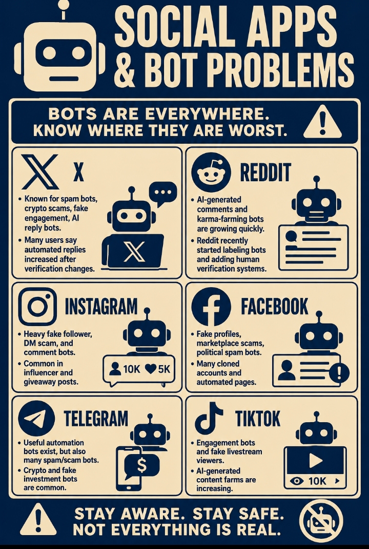 Most major social apps have bot problems now, but some are a