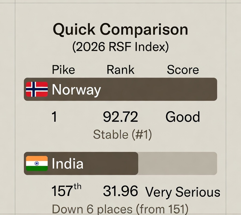 #2026 #PressFreedomRanking India got 157 

and Norway always