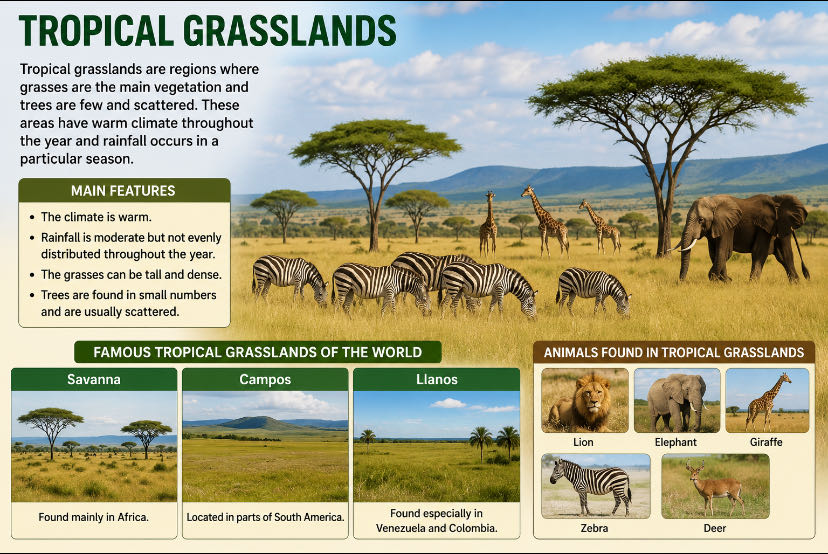 Tropical Grasslands are regions where grasses are the domina
