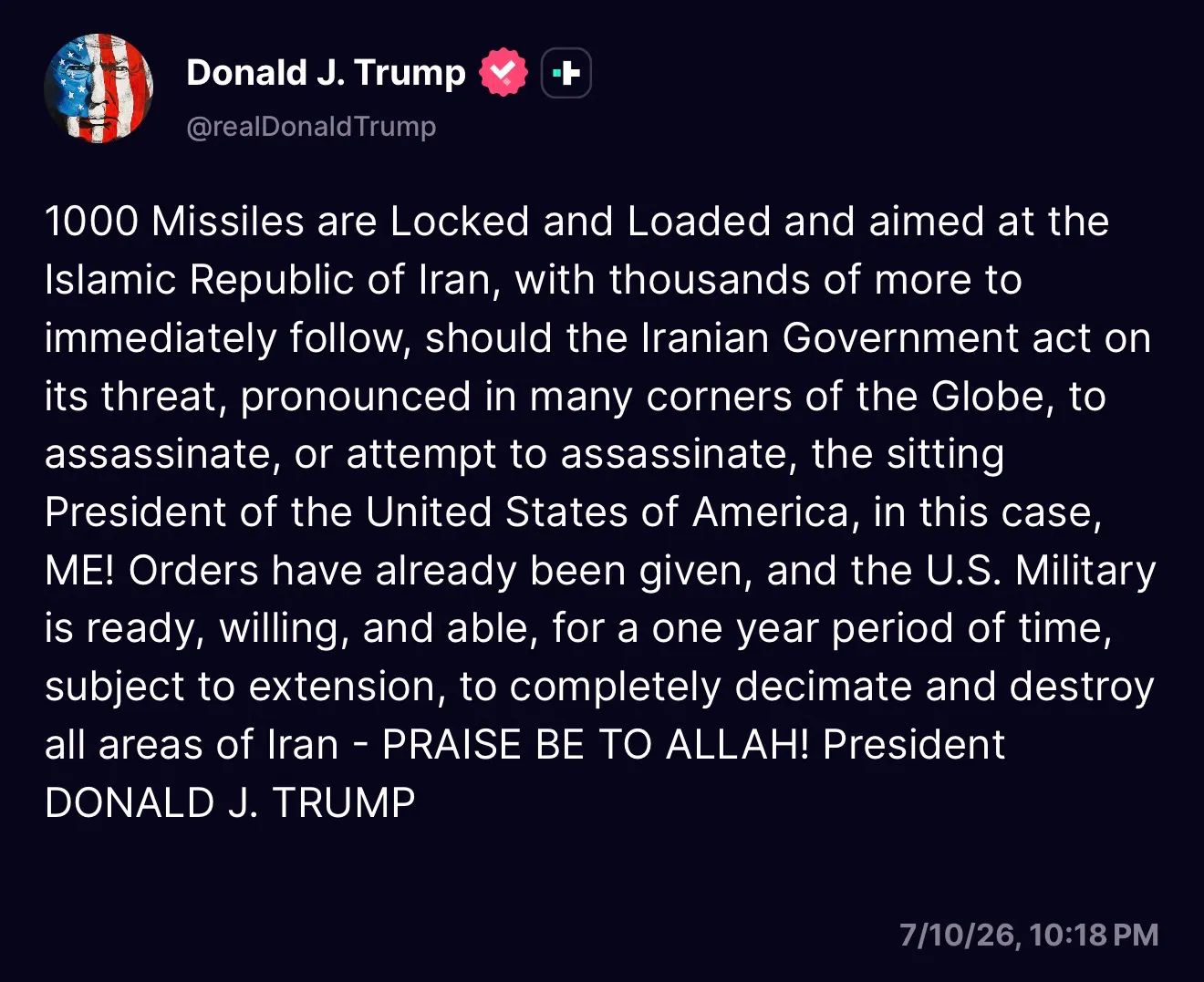 No peace with #Iran missiles are loaded or locked and aimed 
